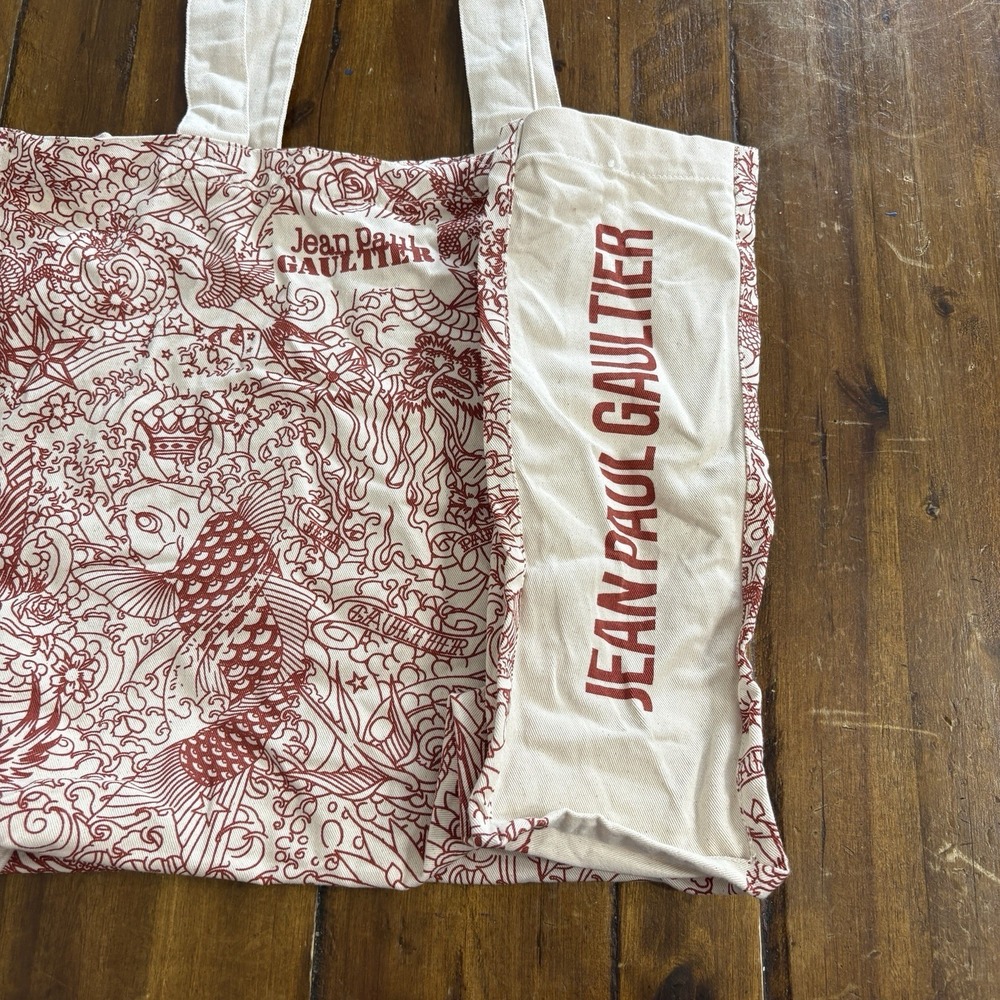 Jean Paul Gaultier Tattoo Style Tote Bag Red & Beige Canvas Shoulder Woven - Picture 6 of 12
